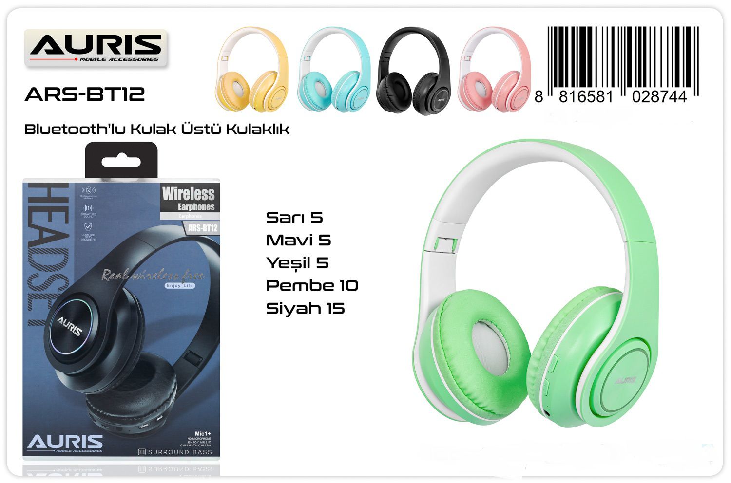 Auris ARS-BT12 Kulak Üstü Bluetooth Kulaklık