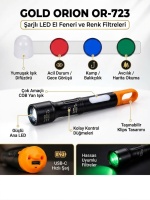 Gold Orion OR-723 3000 Lumens Şarjlı LED El Feneri - Lazer Beyaz Işık ve COB Yan Aydınlatmalı Taktik Fener