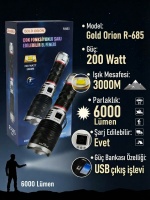 Gold Orion R685 Profesyonel Şarjlı El Feneri 3000M 6000 Lümen