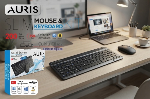 Auris ARS-WKC20 Slim Kablosuz Türkçe Q Klavye ve Mouse Seti - Multi-Device Çoklu Bağlantı