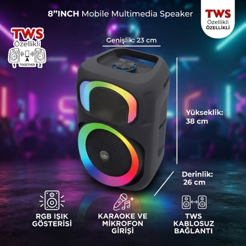 Auris KLN-130 8 İnç TWS RGB Işıklı Bluetooth Party Speaker Hoparlör