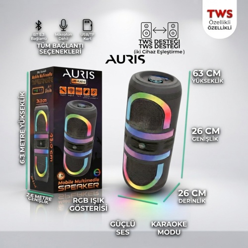 Auris KLN210 2x8 İnç Mikrofonlu TWS Bluetooth Party Hoparlör