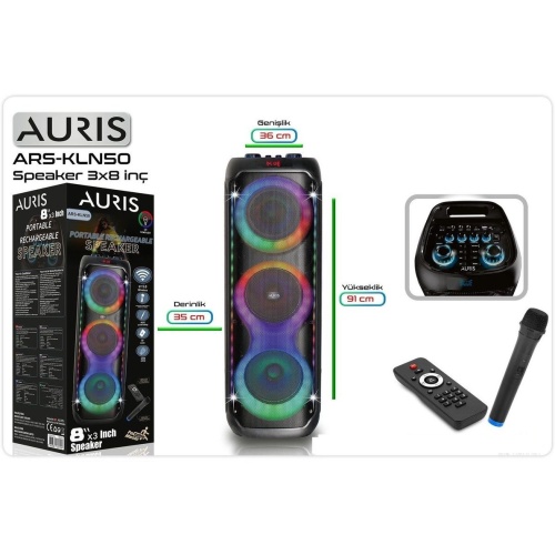 Auris Parti Hoparlörü KLN-50 3X8 İnç Karaokeli Bluetooth Hoparlör