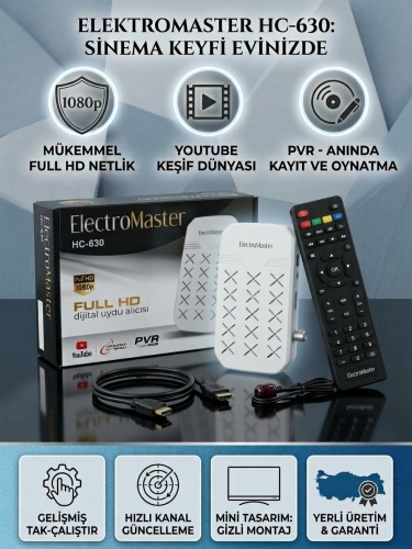 ElectroMaster HC-630 Full HD Dijital Uydu Alıcısı - YouTube Destekli & PVR Özellikli