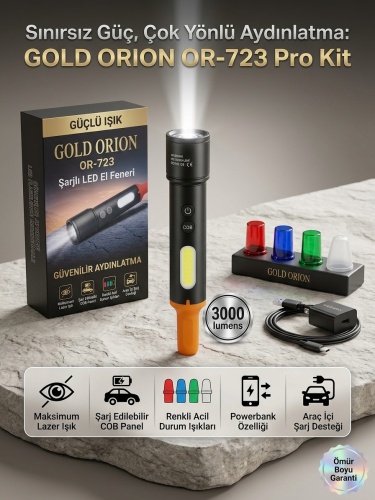 Gold Orion OR-723 3000 Lumens Şarjlı LED El Feneri - Lazer Beyaz Işık ve COB Yan Aydınlatmalı Taktik Fener