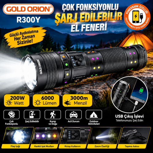 Gold Orion R300Y 200W 6000 Lümen 3000m Menzilli Çok Fonksiyonlu Şarj Edilebilir Akıllı El Feneri