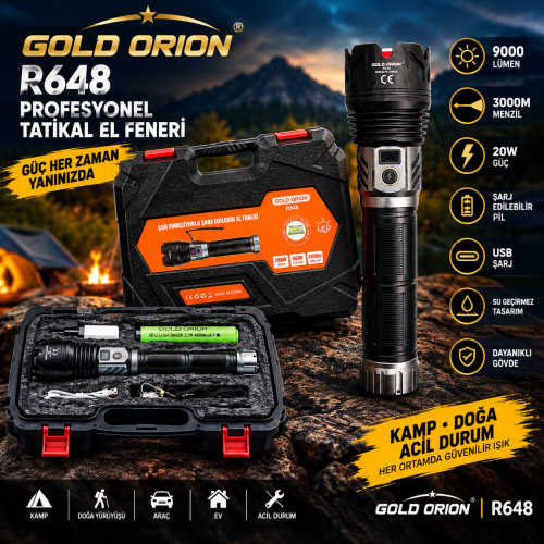 Gold Orion R648 9000 Lümen Profesyonel Taktiksel Şarjlı El Feneri