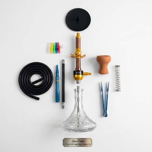 Leon Dubai 47 cm Şeffaf Camlı Nargile Takımı - Bronz / Gold Gövdeli Set