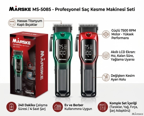 Marske MS-5085 Profesyonel Şarjlı Saç Sakal Kesme Makinesi 7500 RPM LCD Ekranlı Tıraş Makinesi Seti