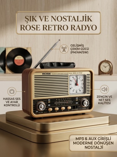 Rose SP-607 Nostaljik Bluetooth Radyo - Şarjlı MP3 Çalar, USB/TF Kart Girişli Akrep Yelkovan Saatli Retro Müzik Kutusu
