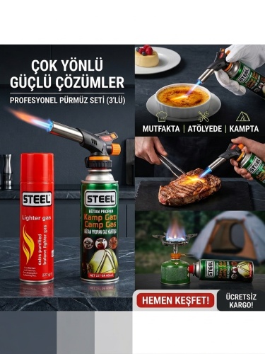 Steel 3'lü Profesyonel Pürmüz Seti – Otomatik Ateşlemeli Pürmüz Başlığı + Kamp Gazı ve Çakmak Gazı
