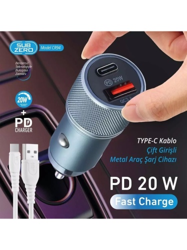 Subzero CR94 20W 3.4A Hızlı Pd+Usb Çıkışlı Type-C Araç Şarj Aleti
