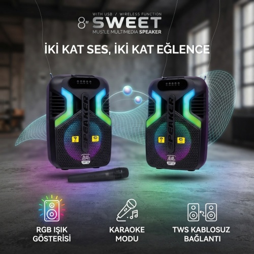 Subzero Speaker Bluetootlu Müzik Çalar Hoparlör Ses Bombası 25W 8İnç RGB Sweet SBZ-WR136