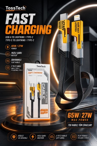  Tosstech  1.5 Metre Data Cable 65Watt Fast  2 -IN-2 Telefon Şarj Kablosu